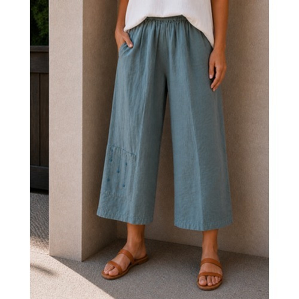 MarketPlace Handwork Of India Pants Womens Small Blue Linen Crop Lagenlook Y2K